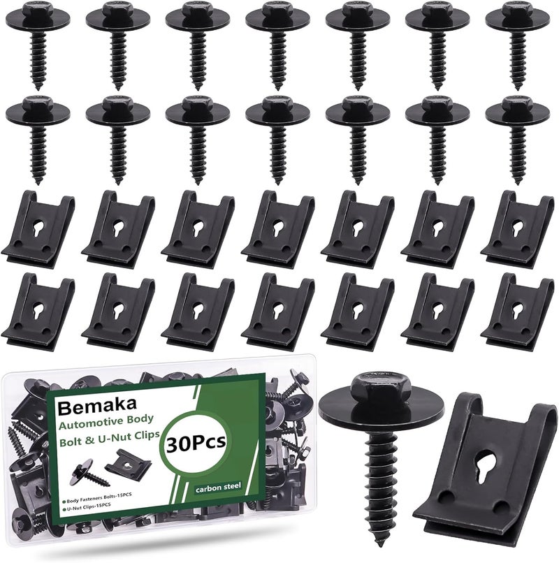 Bemaka 30Pcs M4.2 Automotive Body Bolt & U-Nut Clips Kit, Multipurpose Fender Bolts Body Fastener Clips for Most Cars Bumper Engine Splash Shield - Image 1